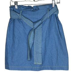 Idem Ditto Womens Mini Skirt Size LARGE Blue Chambray Pleated Belted NWT